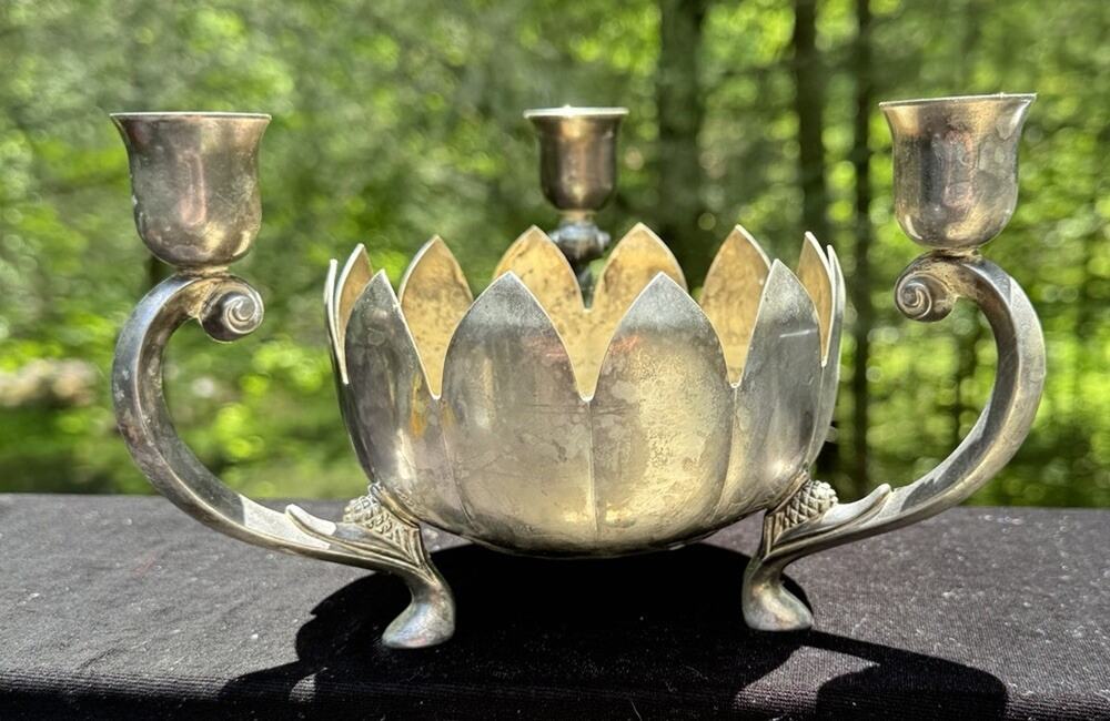 Leonard Silver Plate Centerpiece Triple Candle Holder on Lotus Flower Bowl A85